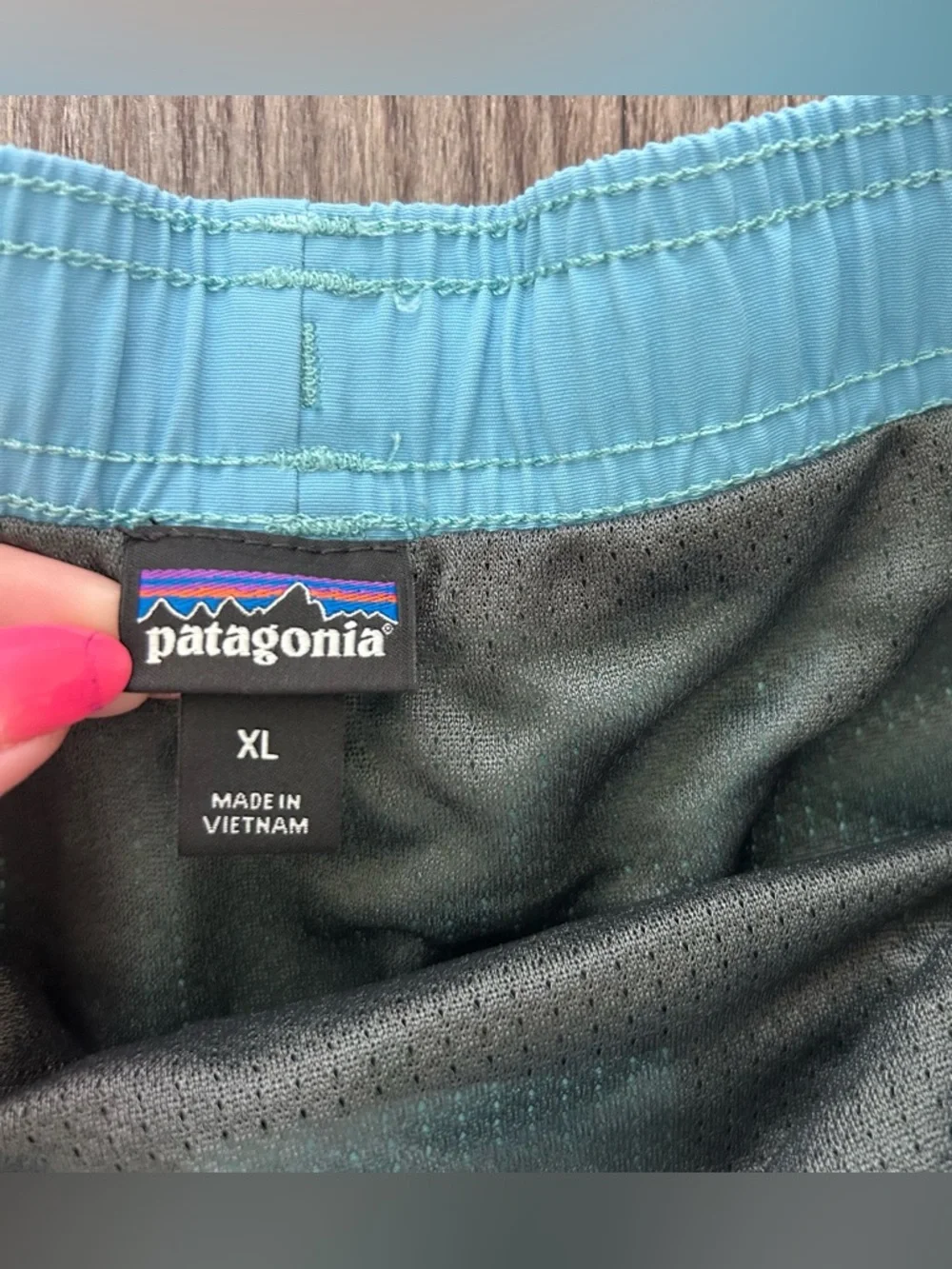 Patagonia Boys Light Aqua Blue Swim Trunks with Blue Drawstring